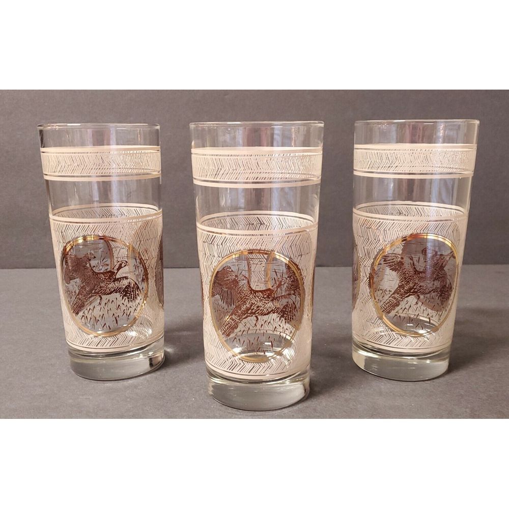 VTG 1970s MCM Libbey Highball Glassware Set of 3 Game Birds Pheasant/ /Duck
